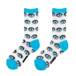 Blue Eyes - Transparent Socks: White socks with blue toes, heels, and cuffs, decorated with a stylised blue eye pattern—ideal for fans of unique ideas or anyone seeking Estonian design from a concept shop. Gate21.ee