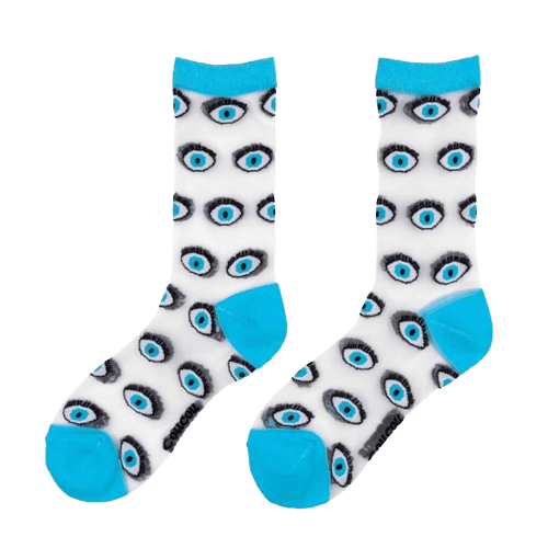 Blue Eyes - Transparent Socks: White socks with blue toes, heels, and cuffs, decorated with a stylised blue eye pattern—ideal for fans of unique ideas or anyone seeking Estonian design from a concept shop. Gate21.ee