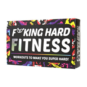 A rectangular F*cking Hard Fitness box features bold text—F*CKING HARD FITNESS and WORKOUTS TO MAKE YOU SUPER HARD!—on a black background with colourful abstract patterns, ideal for unique gift shops or modern Estonian design displays. Gate21.ee