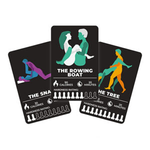 F*cking Hard Fitness features three illustrated cards inspired by Estonian design, depicting couples in “The Snail”, “The Rowing Boat”, and “The Tree” positions—each with calorie counts, hardness ratings, and 20-minute routines. Gate21.ee