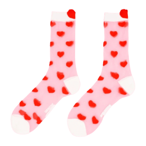 Hearts - Transparent Socks: Translucent pink crew socks with red hearts and white toes, heels, and cuffs—ideal for adding charm to your next Tallinn shopping trip or concept store visit. Gate21.ee