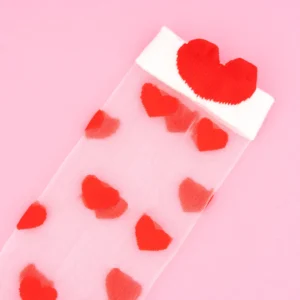 Hearts - Transparent Socks: Sheer white socks featuring red heart patterns and a bold red heart on the cuff, shown on a pink background—ideal for unique gift ideas or Tallinn shopping inspiration. Gate21.ee