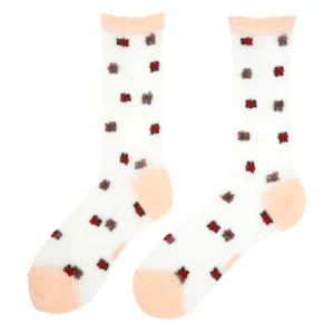 Ladybird - Transparent Socks: Sheer white socks with peach toes, heels, and cuffs, featuring a repeating red and black ladybird pattern—an ideal unique find for Tallinn shopping or at a local concept shop. Gate21.ee