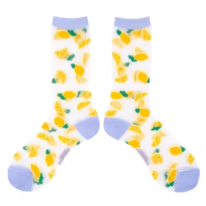 Lemons - Transparent Socks: White socks with light blue toe, heel, and cuff, featuring a playful pattern of yellow lemons and lemon slices with green leaves. Curated for a concept shop to give your style a unique twist. Gate21.ee