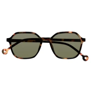 The "Valle" Tortoise Sunglasses feature dark green lenses, a geometric tortoiseshell frame, and circular arm details—showcasing modern Estonian design. Ideal for Tallinn shopping, they stand out against a white background. Gate21.ee