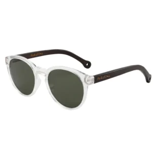 The "Costa" Crystal Sunglasses feature round, dark lenses, clear frames, and black arms with PARAFINA printed in gold—an ideal unique addition to curated gift shop shelves. Gate21.ee