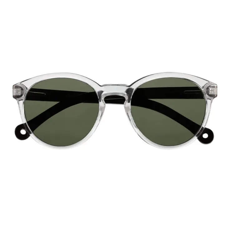 The "Costa" Crystal Sunglasses feature round clear plastic frames, dark lenses, and black arms—an eye-catching accessory for Tallinn shopping or a unique gift idea. Shown on a white background. Gate21.ee