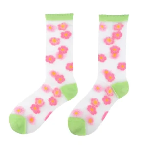 Sakura - Transparent Socks: Sheer white socks with green toes, heels, and cuffs, adorned with pink flowers—ideal for any curated gift shop or concept store. Gate21.ee