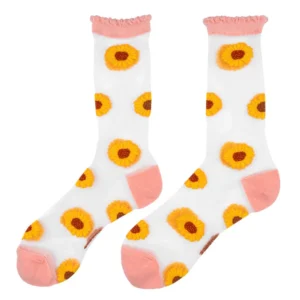 Sunflowers - Transparent Socks: Sheer white socks with pink cuffs, heels, and toes, featuring yellow sunflowers with brown centres—ideal for adding a playful accent to your Tallinn shopping wardrobe. Gate21.ee