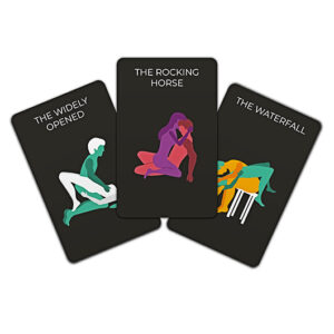 Kama Sutra - Trivia Cards includes three illustrated cards with stylised figures on a black background, showcasing creative Estonian design and featuring curated sexual positions: The Widely Opened, The Rocking Horse, and The Waterfall. Gate21.ee