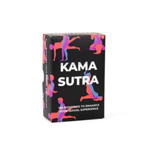 A striking black box labelled "Kama Sutra – Trivia Cards" features colourful illustrations of couples in various sexual positions. Ideal for gift shops seeking unique products. The box reads: 100 positions to enhance your sexual experience. Gate21.ee