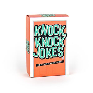 A rectangular orange box labelled "Knock Knock Jokes - 100 of the Best" in bold teal and black, ideal for curated gift shops, shown on a plain white background. Gate21.ee