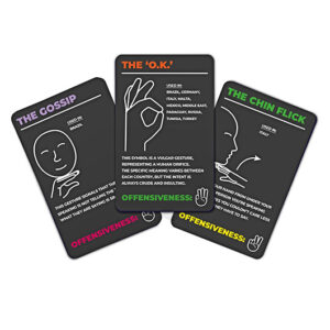 Rude Hand Gestures - Card Game features three black cards with illustrations of gestures: The Gossip (Brazil), The O.K. (various countries), and The Chin Flick (Italy), all with Estonian design, unique ideas, descriptions, and offensiveness ratings. Gate21.ee