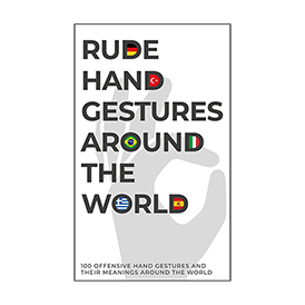 The cover of the Rude Hand Gestures - Card Game features bold black text with country flags in some letters, a light grey hand gesture in the background, and Estonian-inspired details—making it perfect for any gift shop. Gate21.ee
