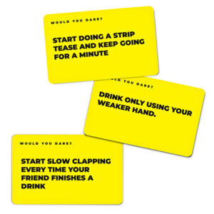 Three yellow cards from the "Would you Dare? - Card Game" challenge you to do a striptease for a minute, drink with your weaker hand, and slow clap whenever your friend finishes their drink—fun finds in any Tallinn shopping concept store. Gate21.ee