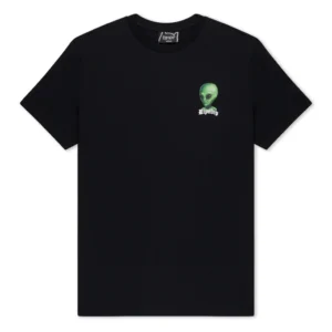 The We Come in Peace Tee - Black is a short-sleeve T-shirt with a small green alien head and Ripndip text on the left chest, curated for our gift shop. Gate21.ee