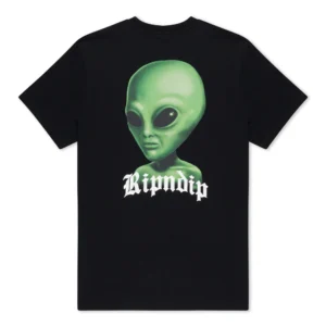 The We Come in Peace Tee - Black showcases a bold green alien head graphic with big eyes above white "Ripndip" text, making it a standout addition to your Tallinn shopping haul. Gate21.ee