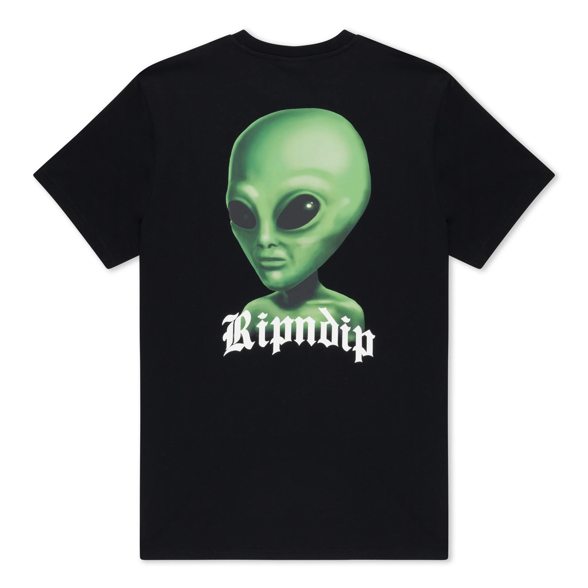 The We Come in Peace Tee - Black showcases a bold green alien head graphic with big eyes above white "Ripndip" text, making it a standout addition to your Tallinn shopping haul. Gate21.ee