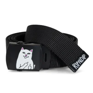 The Nermal Web Belt - Black is a black fabric belt with a metal buckle featuring a white cat giving the finger and a “RIPNDIP” tag, perfect for adding unique streetwear flair to your look. Gate21.ee