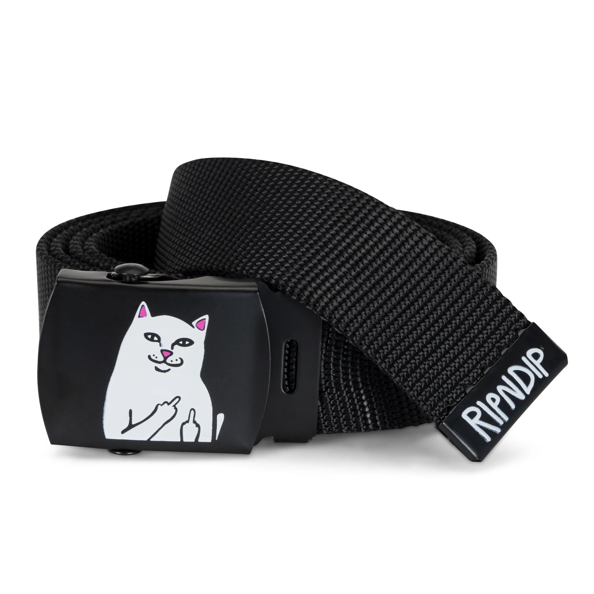 The Nermal Web Belt - Black is a black fabric belt with a metal buckle featuring a white cat giving the finger and a “RIPNDIP” tag, perfect for adding unique streetwear flair to your look. Gate21.ee