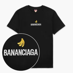 The Bananciaga Embroidered T-Shirt - Black features white "BANANCIAGA" text with a yellow banana above it. A close-up inset highlights the embroidery—perfect for concept shops or gift shop displays and fans of Estonian design. Gate21.ee