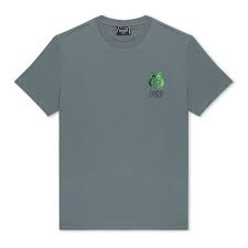The We Were Here Tee - Charcoal is a crew neck short-sleeve shirt in grey, featuring a small green leafy graphic with text on the left chest. Its minimalist Estonian design is perfect for any curated concept shop. Gate21.ee