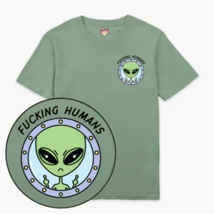 The F*cking Humans T-Shirt - Green features a small chest graphic of an alien in a spaceship window with the words "F*cking Humans," making it a quirky pick for your Tallinn shopping spree. Gate21.ee