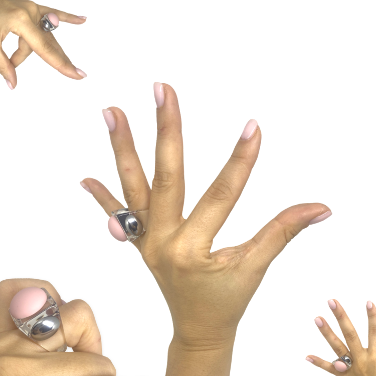 A hand with light pink nails wears the Miss Nobody transparent/pink ring—appearing four times on a white background in unique gestures, each showcasing creative Estonian design from the concept shop. Gate21.ee