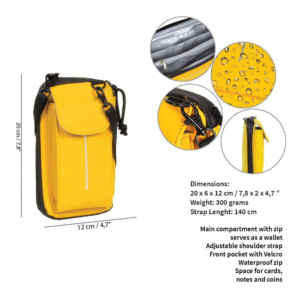 The Cincinnati - Phone Pocket and Wallet in yellow features a front zip pocket, adjustable strap, and Velcro fastening. Insets highlight its organised interior, waterproof fabric with droplets, close-up of the strap, and a side view. Gate21.ee