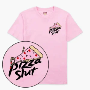 The Pizza Slut T-Shirt - Pink features a quirky pizza slice graphic in fishnet tights with bold “pizza slut” text, placed on the left chest. Perfect for playful shopping in Tallinn, find it at select concept shops or gift shops. Gate21.ee