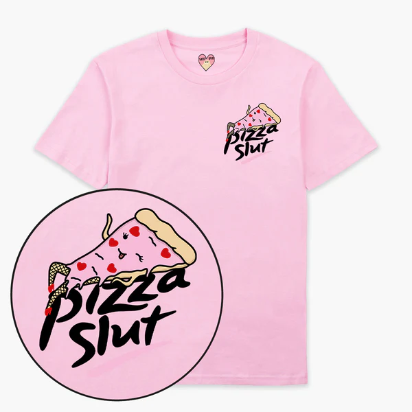 The Pizza Slut T-Shirt - Pink features a quirky pizza slice graphic in fishnet tights with bold “pizza slut” text, placed on the left chest. Perfect for playful shopping in Tallinn, find it at select concept shops or gift shops. Gate21.ee