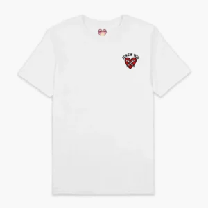 The Screw You Embroidered T-Shirt - White features a small broken red heart and "SCREW YOU" text on the left chest, making it a standout piece for fans of curated Estonian design or unique Tallinn shopping finds. Gate21.ee