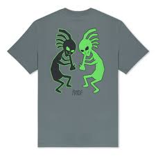 The We were Here Tee - Charcoal features two stylised humanoid aliens—one black, one neon green—face to face on the back. A unique pick for creative styles or thoughtful gifting. Gate21.ee
