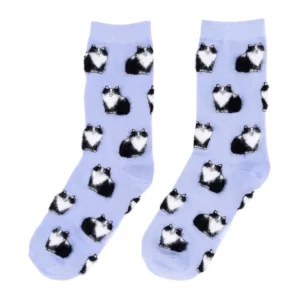 A pair of pink cotton socks called "Persian Cats," featuring a repeating pattern of adorable fluffy cat illustrations—perfect for Tallinn shopping and fans of Estonian design. Gate21.ee