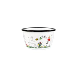 The "Happy Family In the Garden" Moomin enamel bowl (3dl) features a colourful Moomin family and floral design—perfect for Tallinn shoppers or as a charming gift shop find. Gate21.ee