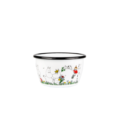 The "Happy Family In the Garden" Moomin enamel bowl (3dl) features a colourful Moomin family and floral design—perfect for Tallinn shoppers or as a charming gift shop find. Gate21.ee
