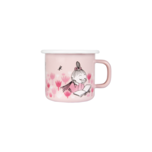 The Girls in the Garden - Moomin enamel mug 2.5dl features a pink design with a character with her hair in a bun reading among pink flowers and a tiny flying insect. A charming Tallinn gift shop find, perfect for book lovers. Gate21.ee