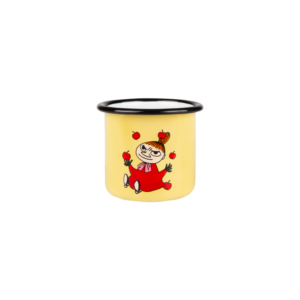 The Little My - Moomin Retro enamel mug (2.5dl) is a small yellow cup with a black rim, featuring Little My in a red outfit among red apples—ideal for collectors or anyone looking for unique concept shop finds. Gate21.ee