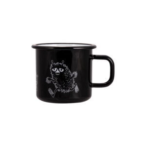 The Stinky Retro - Moomin enamel mug (370ml) features a black design with a white line drawing of Stinky, the round Moomin character with arms, legs, antennae, and a neutral look. The mug has a simple handle and glossy finish reflecting curated Estonian style. Gate21.ee