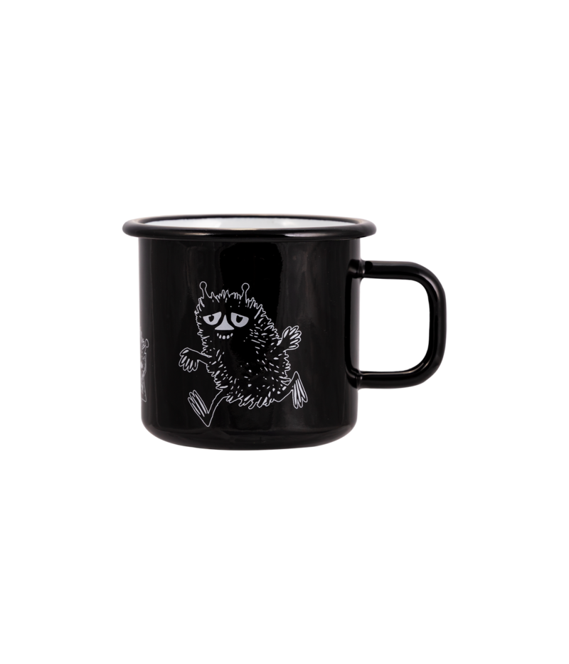 The Stinky Retro - Moomin enamel mug (370ml) features a black design with a white line drawing of Stinky, the round Moomin character with arms, legs, antennae, and a neutral look. The mug has a simple handle and glossy finish reflecting curated Estonian style. Gate21.ee