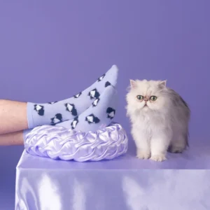Wearing Persian Cats - Pink Cotton Socks, a person rests their feet on a shiny lavender cushion, whilst a long-haired white Persian cat lounges nearby—a picture-perfect scene full of unique style. Gate21.ee