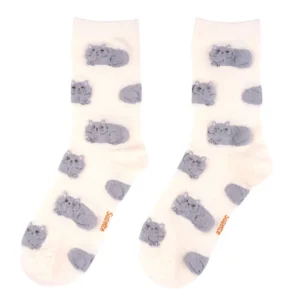 Persian Cats - White Cotton Socks: Cream socks with a repeating pattern of grey cats lying down, inspired by Estonian design. "Soxsies" is written in orange near the toes. Gate21.ee