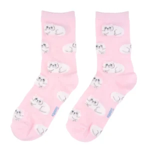 Persian Cats - Pink Cotton Socks feature a repeating pattern of fluffy white cats lying down with curled tails. Curated for our gift shop, these socks have a ribbed cuff and make unique gifts for cat lovers. Gate21.ee