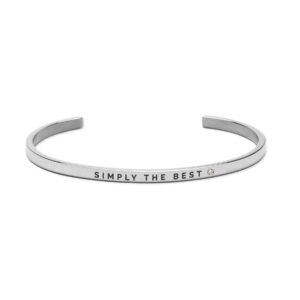 Introducing "Simply the best," a silver open cuff bracelet engraved with its namesake phrase and accented by a small round gem—an elegant piece inspired by Estonian design, perfect for discovering unique styles. Gate21.ee