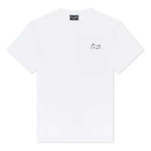 The Lord Nermal Pocket Tee - White is a classic short-sleeve shirt with a small chest pocket featuring a line drawing of a cat’s face peeking out—ideal for any curated gift shop inspired by Estonian design. Gate21.ee
