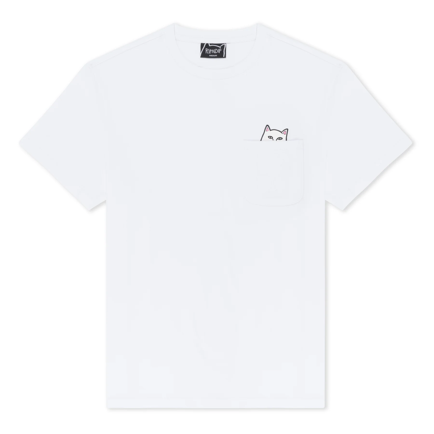The Lord Nermal Pocket Tee - White is a classic short-sleeve shirt with a small chest pocket featuring a line drawing of a cat’s face peeking out—ideal for any curated gift shop inspired by Estonian design. Gate21.ee