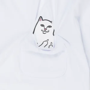 The Lord Nermal Pocket Tee - White features a playful twist: pull down the pocket to reveal a cartoon cat flashing both middle fingers—perfect for anyone who loves bold, unique style and clever details. Gate21.ee