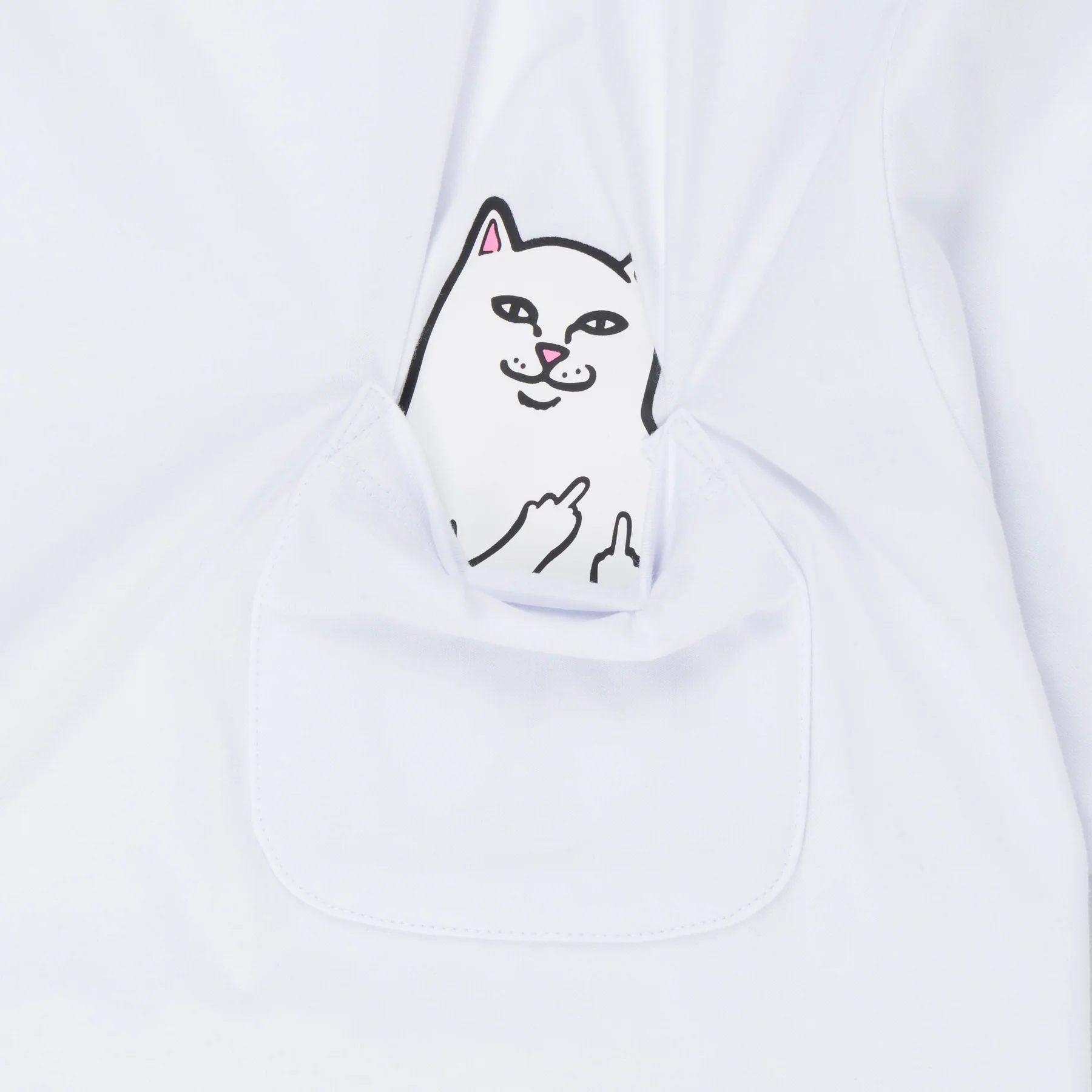 The Lord Nermal Pocket Tee - White features a playful twist: pull down the pocket to reveal a cartoon cat flashing both middle fingers—perfect for anyone who loves bold, unique style and clever details. Gate21.ee