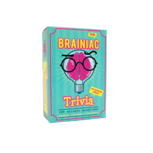 A box of The Brainiac Trivia game shows a cartoon brain in a lightbulb with glasses on a turquoise box with yellow and pink accents. It features 100 science questions and pairs perfectly with the Food & Drink - Trivia Card Game. Gate21.ee