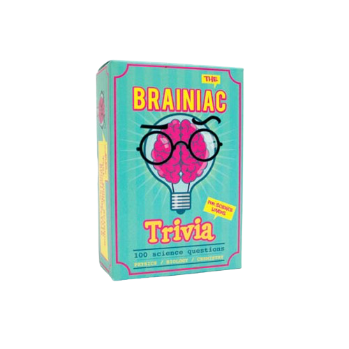 A box of The Brainiac Trivia game shows a cartoon brain in a lightbulb with glasses on a turquoise box with yellow and pink accents. It features 100 science questions and pairs perfectly with the Food & Drink - Trivia Card Game. Gate21.ee